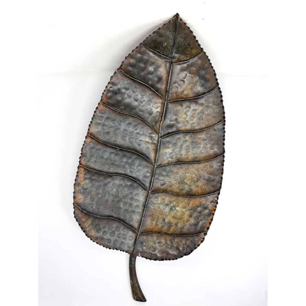 Vintage Hammered Metal Leaf Wall Art Decorative Tray Verdigris Patina Bronze 23"